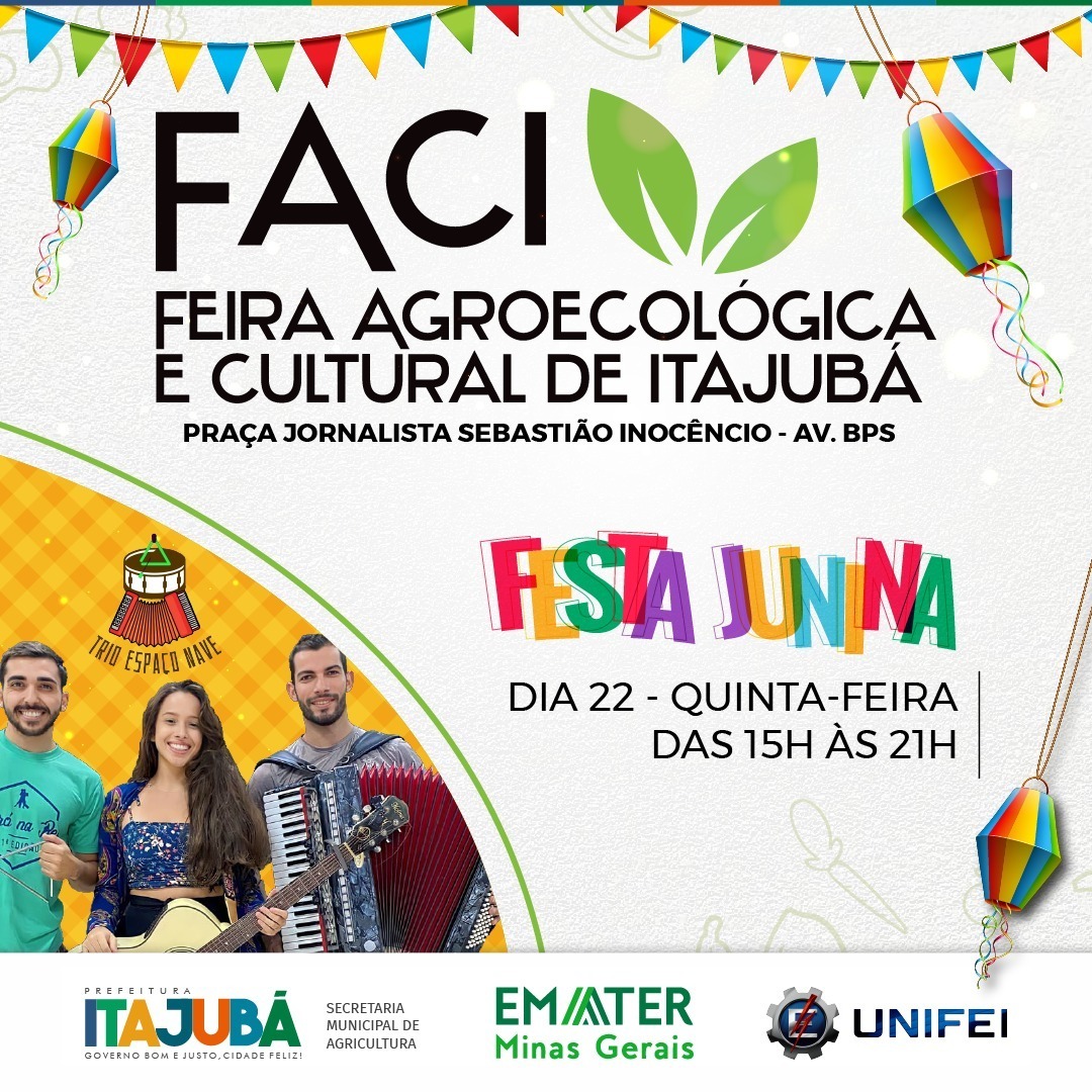 prefitajuba's tweet photo. FACI "FESTA JUNINA" ACONTECERÁ NA PRÓXIMA QUINTA-FEIRA, 22 DE JUNHO
🕒 O evento acontecerá em horário estendido: das 15h às 21h.
👍 Compareça, compre diretamente dos produtores e aproveite para prestigiar este evento típico!
#itajuba #prefeitura #emater #unifei #faci https://t.co/zOKt3BeU1z