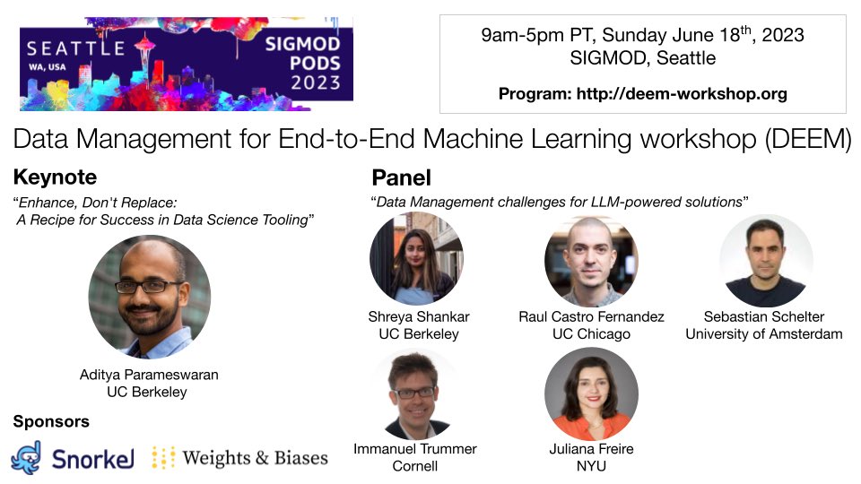 Come join us for our afternoon session, beginning at 1:30pm in evergreen E! We’ll have our keynote, another paper presentation, and a panel on data management challenges related to LLMs.