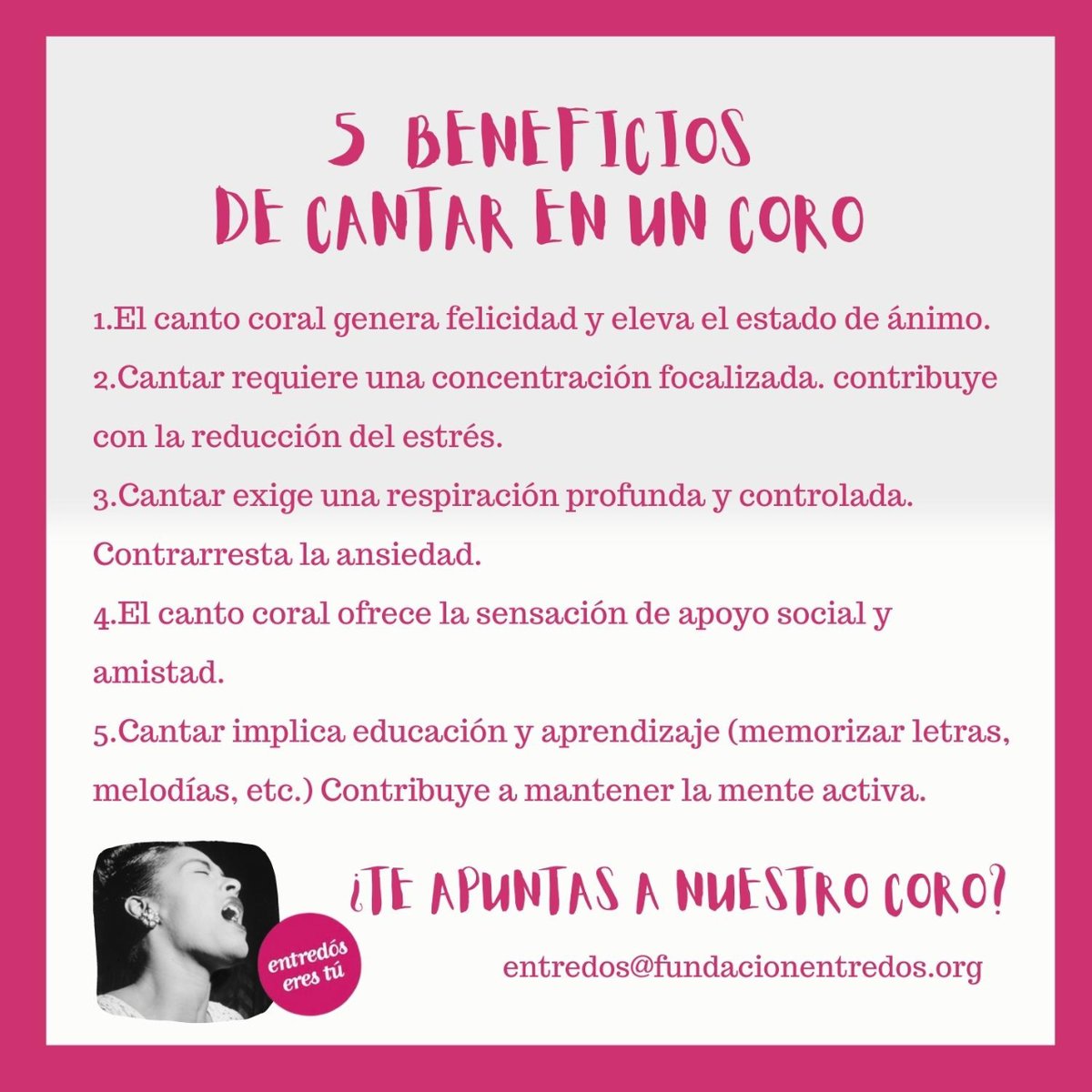 Entre2erestu's tweet photo. ¿Conoces todas las ventajas de cantar en un coro? 
🎙”TODAS PODEMOS CANTAR", con 𝗡𝗮𝘁𝗮𝗰𝗵𝗮 𝗖𝗿𝗮𝘄𝗳𝗼𝗿𝗱 
⚠️ 𝗡𝗼 𝗿𝗲𝗾𝘂𝗶𝗲𝗿𝗲 𝗲𝘅𝗽𝗲𝗿𝗶𝗲𝗻𝗰𝗶𝗮 𝗺𝘂𝘀𝗶𝗰𝗮𝗹/𝘃𝗼𝗰𝗮𝗹 𝗽𝗿𝗲𝘃𝗶𝗮. 

https://t.co/EaUf4FVG5f

#entredoserestu #cantante https://t.co/qFMb0uQsrZ