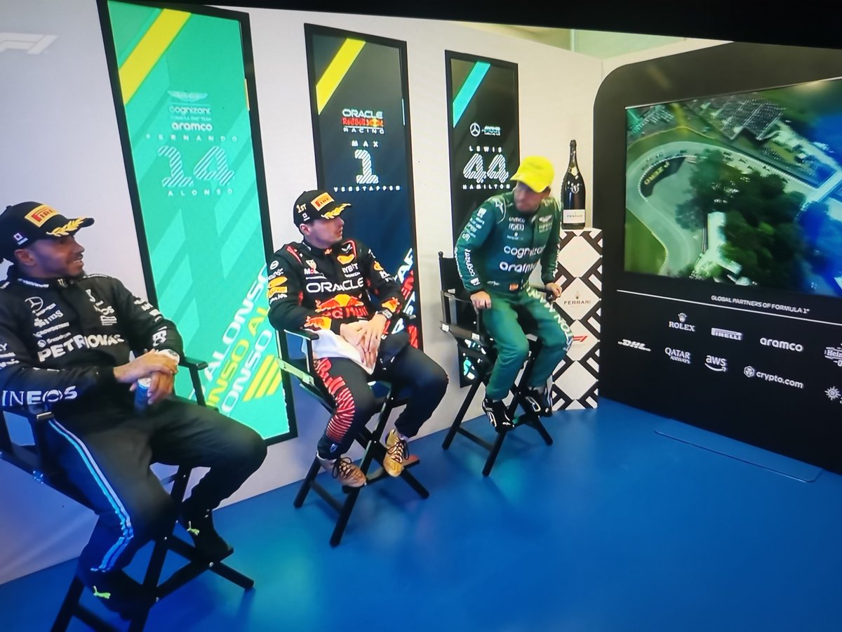 verstappenews's tweet photo. This cooldown room moment 😭😭😭

Lewis Hamilton: "Your rear end is insane."

Fernando Alonso: "Mine?""

Lewis Hamilton: "His (points at Max). Yours is pretty awesome too."

???😭
#F1 #CanadianGP https://t.co/N8P2wlnYeB