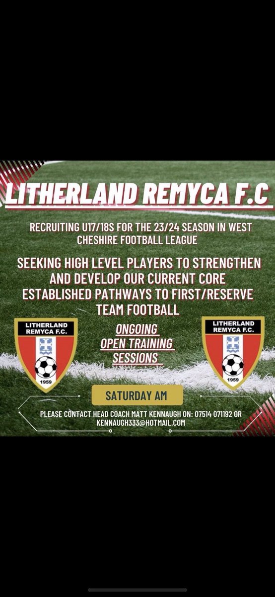 remyca_youth's tweet photo. Litherland Remyca u17/18s 23/24, looking for good quality players to join a great bunch of lads playing Saturday mornings West Cheshire League. Last chance to express interest in joining up with pre season starting 2nd July. DM or contact details below https://t.co/aTSXQkIqH1