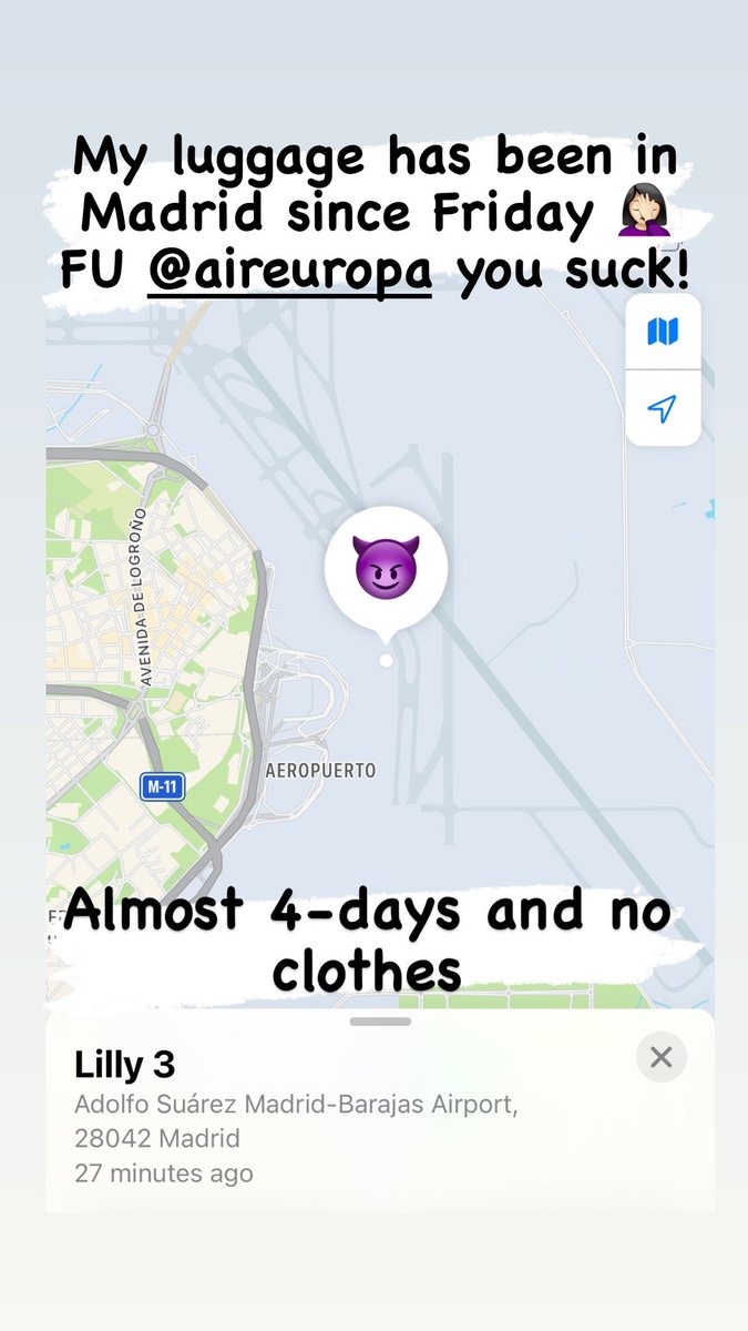 mualilli's tweet photo. @AirEuropa you are the worst   4-days and No luggage https://t.co/cZ3pqBbxXX
