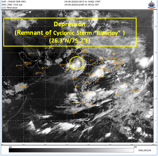 ANI's tweet photo. The Depression (Remnant of cyclonic storm biparjoy) over central parts of East Rajasthan lay at 2330 IST of June 18 about 60 km west-northwest of Tonk, 60 km east-southeast of Ajmer. Likely to move nearly east-northeastwards and maintain its intensity of Depression during the next 12 hrs: IMD
