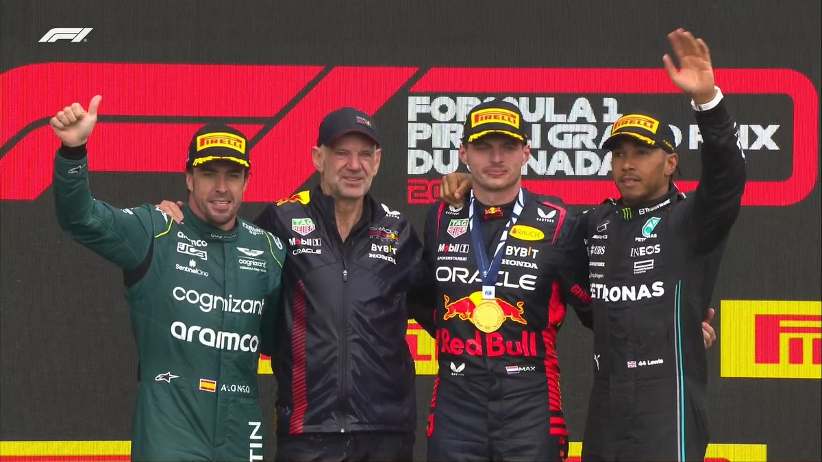 Is this the most decorated F1 podium of all-time?!

Seven titles for Lewis Hamilton
Two titles for Fernando Alonso
Two titles for Max Verstappen
23 titles (11 Driver, 12 Constructor) for Adrian Newey

World class.

#CanadianGP #F1