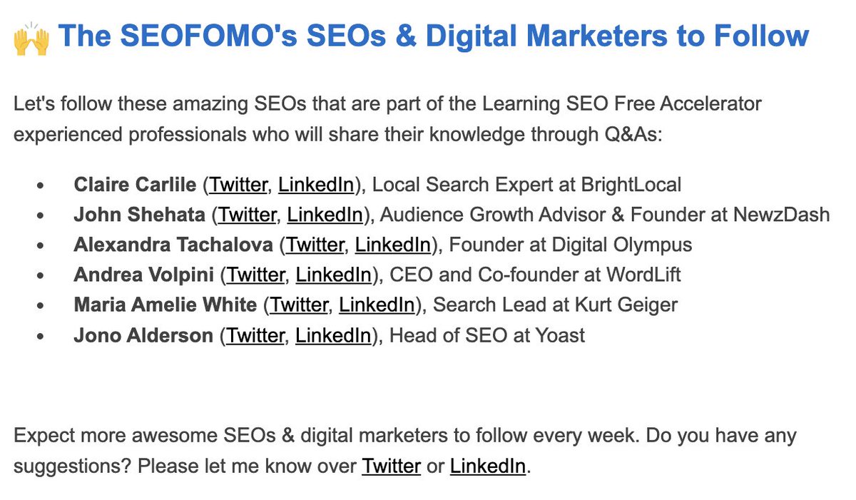 Today's #SEOFOMO awesome SEOs to follow are: 

@clairecarlile 
@JShehata 
@AlexTachalova 
@cyberandy 
@Maria_Amelie 
@jonoalderson 

Follow. Them. Now. 🙌🤩