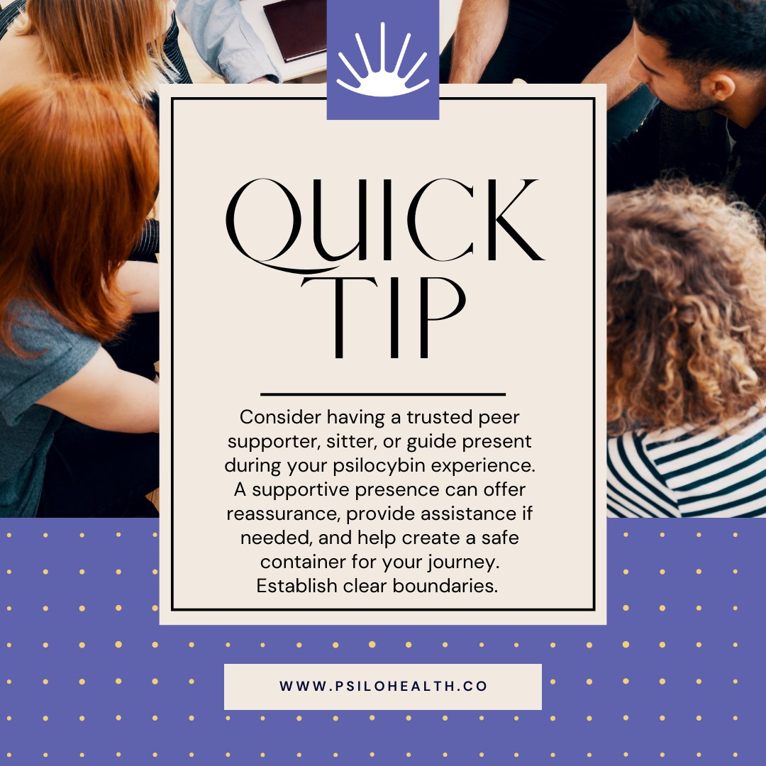PsiloHealth's tweet photo. Consider having a trusted peer supporter, sitter, or guide present during your psilocybin experience. A supportive presence can offer reassurance, provide assistance if needed, and help create a safe container for your journey. Establish clear boundaries. #SafeContainer https://t.co/apACpLEhwK