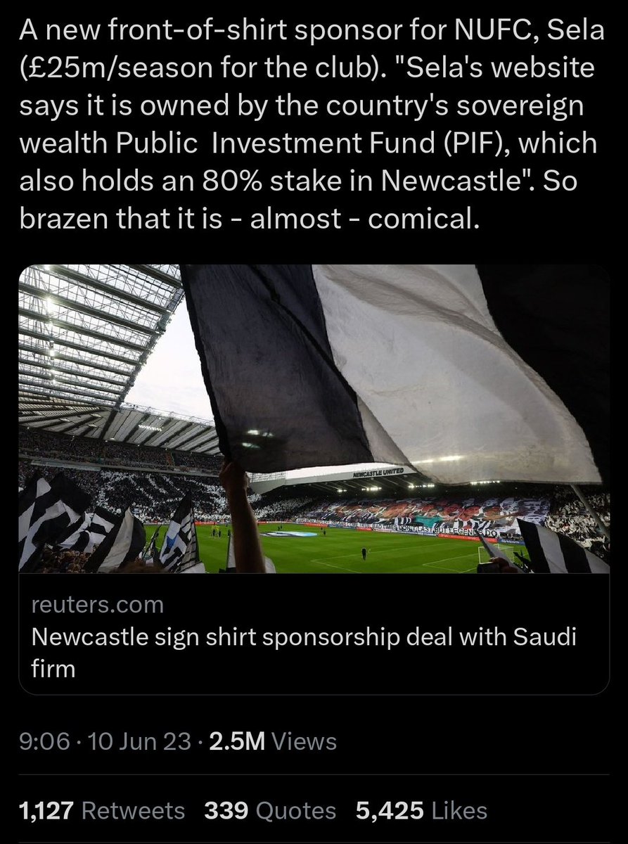 To be clear, absolutely DO NOT allow those dastardly fiendish people at Paramount + to do a shirt sponsorship, HOWEVER DO allow those lovely folk at Saudi Arabia to just pump money willy nilly into their club. 
Murders you say? Who gives a fuck. We're the Premier league 💰💰💸💸