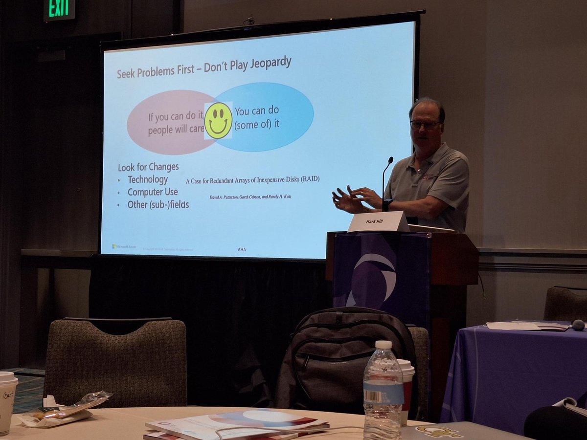thoefler's tweet photo. Mark Hill from @Microsoft at @CRAtweets #FCRC23: how to succeed in CS research: (1) pick a problem, (2) first insight & hypothesis!
"Names matter", e.g., his 3Cs cache model. Work with great people. Get into textbooks. Taxonomize. Embrace new perspectives, listen. Build models. https://t.co/4KUhzOfuof