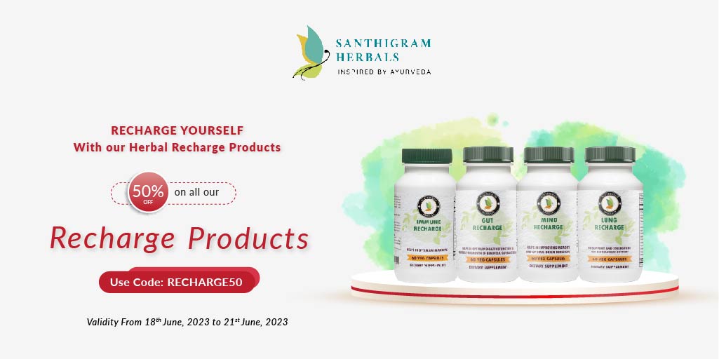50% Off on all Recharge Products
Offer Valid from June 18th - June 21st, 2023
Coupon Code: RECHARGE50
santhigram.shop/collections/re…
#LungRecharge #mindrecharge #gutrecharge #immunerecharge #HerbalSupplements #BreatheBetter #ayurveda #ayurvedalifestyle  #santhigramusa #santhigramherbals