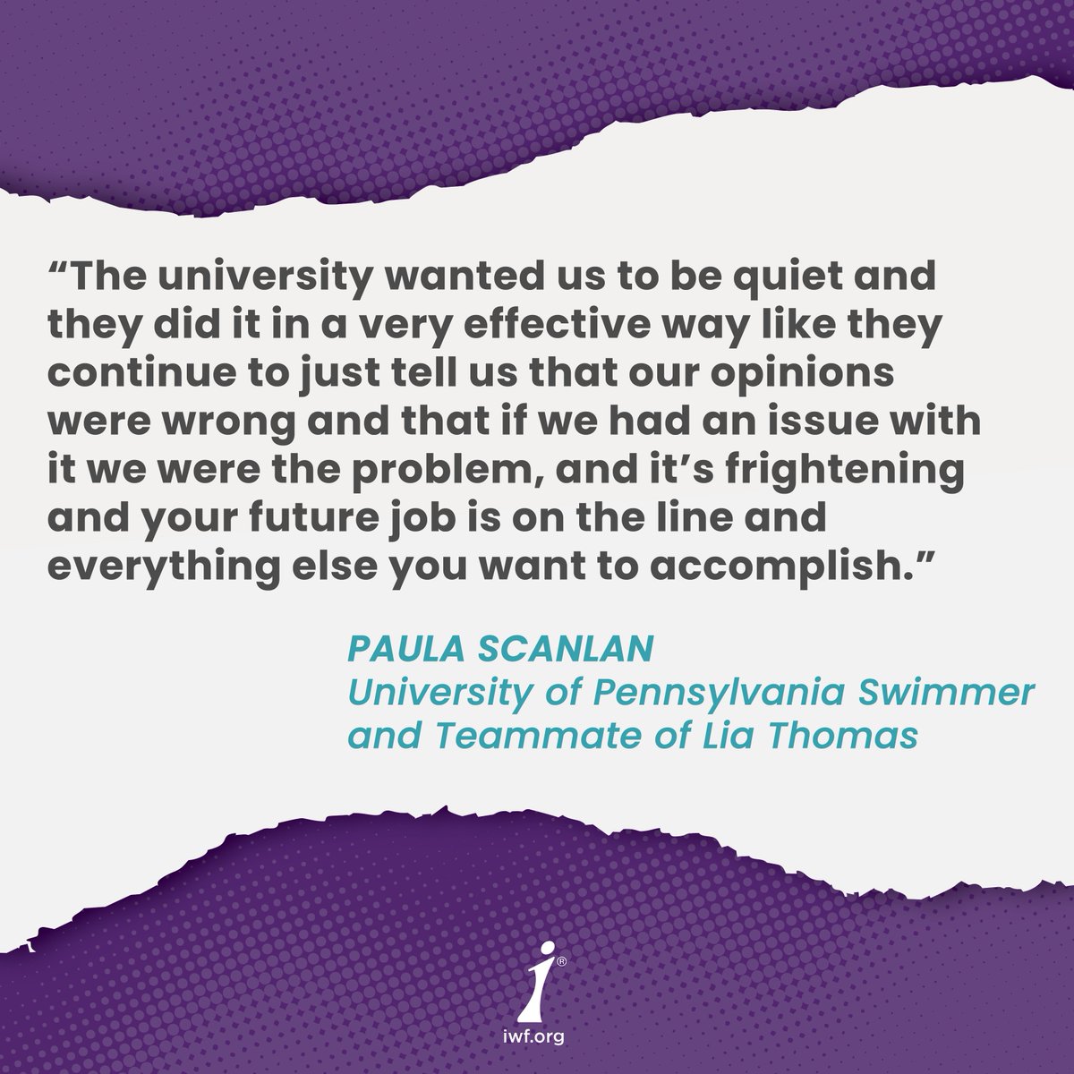 Swimmers like @PaulaYScanlan were silenced by the institution that was supposed to protect them‼️

Paula is breaking her silence on the intimidation she faced while at UPenn. Take action to tell the NCAA to establish rules to #KeepWomensSportsFemale.
iwf.org/stop-ncaa-disc…