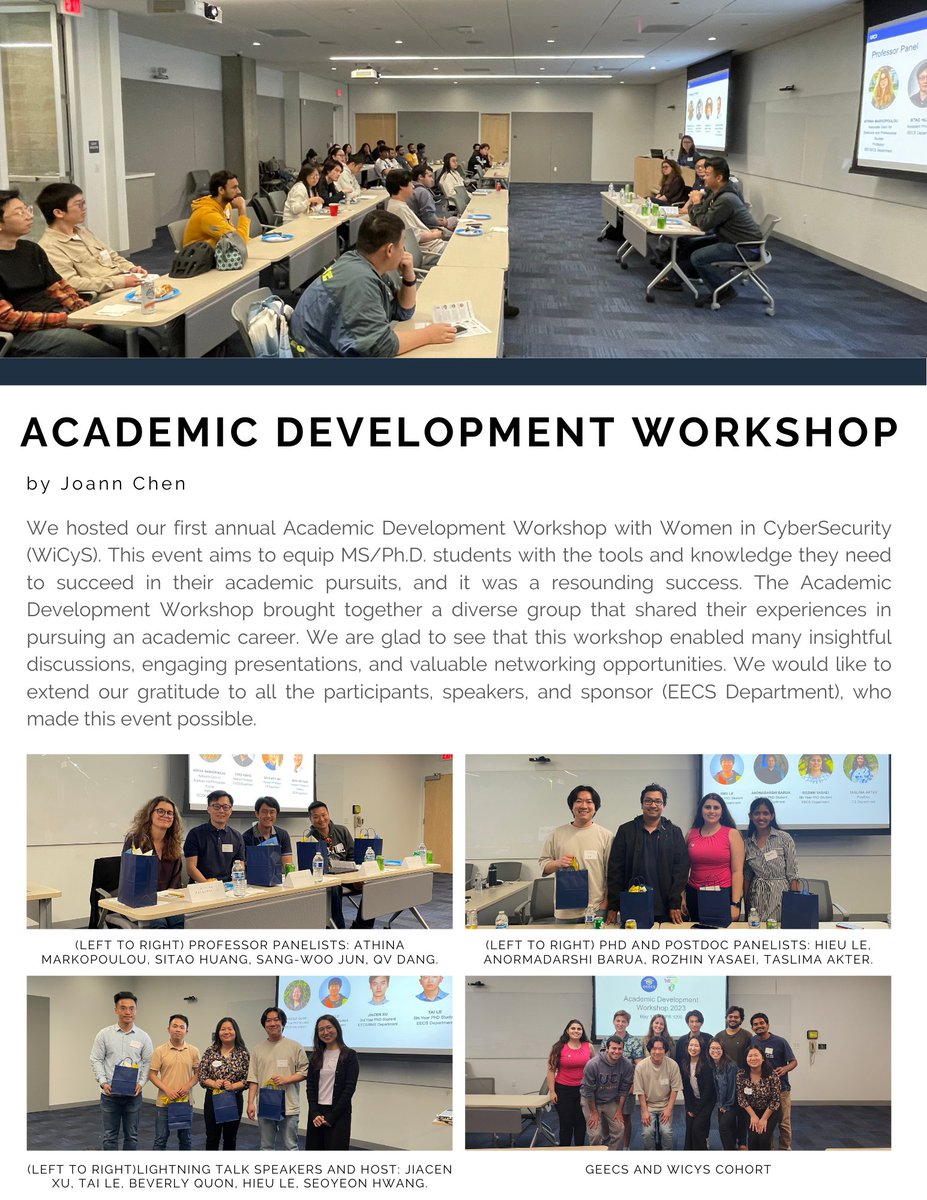 Exciting news from GEECS! We hosted amazing gatherings, coding nights, and academic events with WiCyS this spring. And... we were selected as the "Most Improved Organization" at the Engineering Awards Banquet! Check out the attached flyers for details. 
sites.uci.edu/geecs/2023/06/…