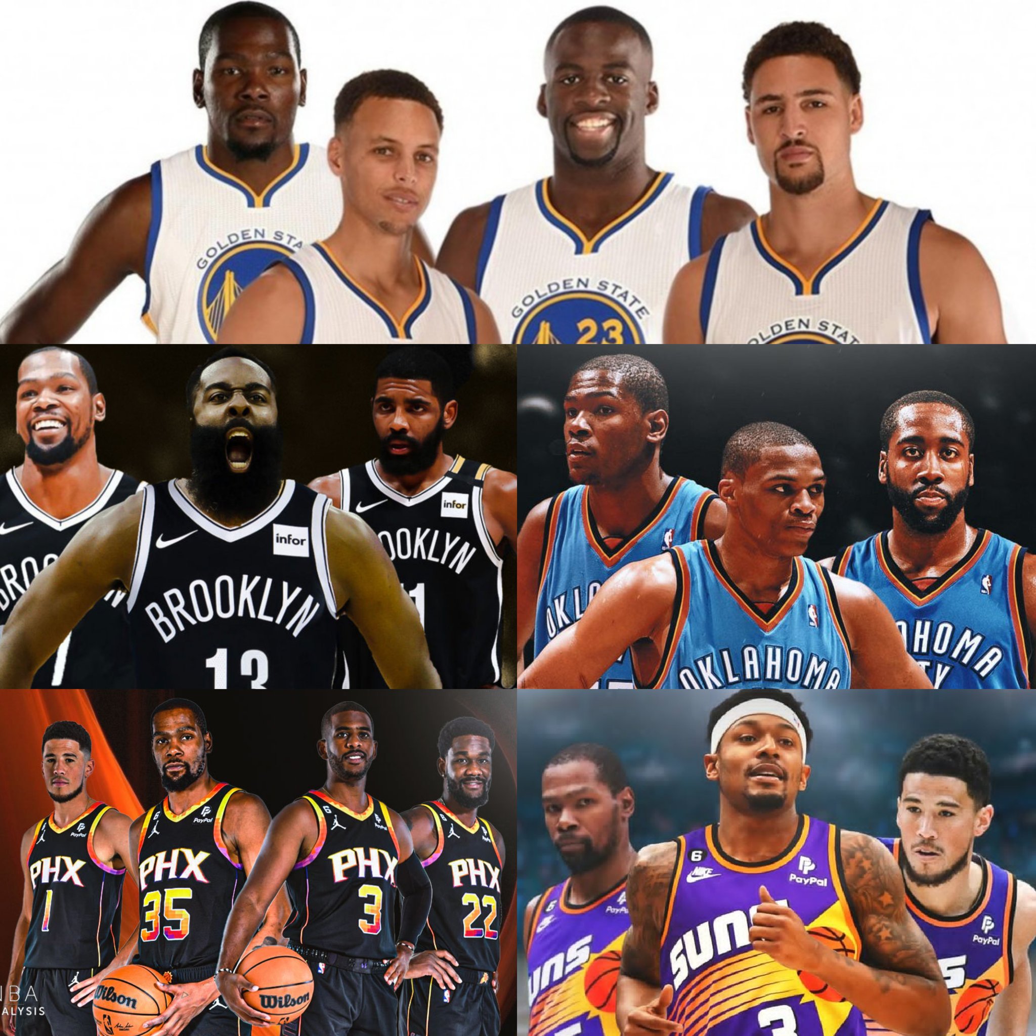 LePrime on X Kevin Durant ahora OKC Durant Westbrook Harden Warriors Durant Curry Klay Green Nets Durant Harden Irving Suns Durant Booker CP3 Ayton Suns Durant Booker Beal Ayton La realidad es