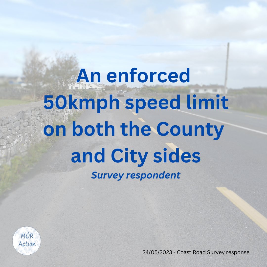 'An enforced 50kmph speed limit on both the County and City sides'. Yet another sensible request from our survey respondents. 

@GalwayCityCo and @GalwayCoCo, please work together to provide a safe #CoastRoad for all of us. 

#OranmoreCMR #CoastalMobilityRoute #RoadSafetyForAll