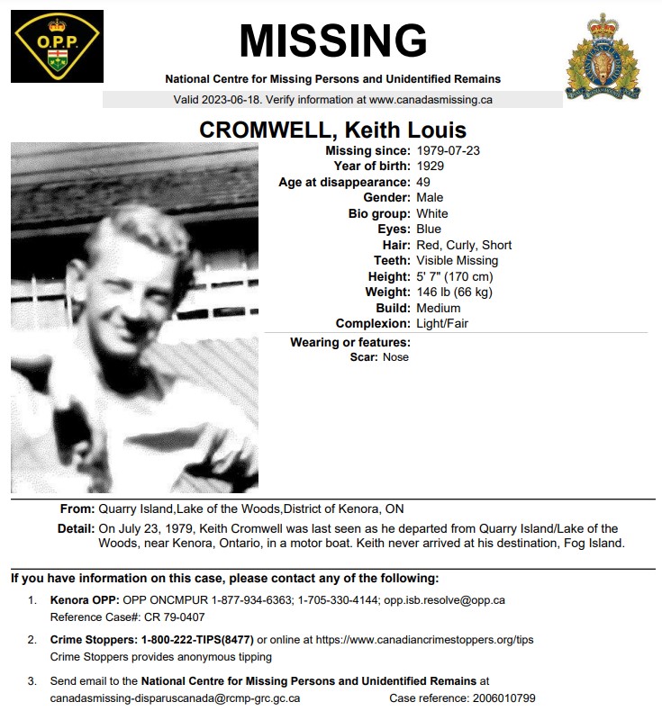 #Missing - Keith Louis Cromwell
Missing Since - July 23, 1979
Missing From - #QuarryIsland, #LakeOfTheWoods, #Kenora, #Ontario, #Canada
Case reference: 2006010799

#Unforgotten #ShareThisPost