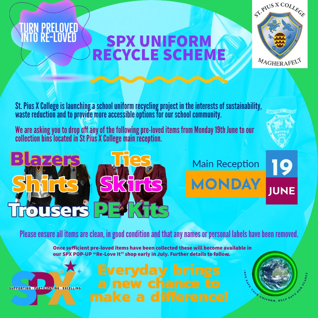 St. Pius X College (@spxcollege) on Twitter photo #SaveTheDateHelpSaveOurWorld
Pre-Loved Uniform Drop Off Begins Tomorrow! ❤️💛💙🌍
<a href="/PrincipalPiusX/">StPiusXMagherafeltPrincipal</a> <a href="/SPXBiodiversity/">SPX Biodiversity</a> <a href="/spxks3/">spxks3</a> <a href="/spxks4/">spxks4</a> <a href="/spxpost16/">spxpost16</a> #SaveTheDateHelpSaveOurWorld
Pre-Loved Uniform Drop Off Begins Tomorrow! ❤️💛💙🌍
<a href="/PrincipalPiusX/">StPiusXMagherafeltPrincipal</a> <a href="/SPXBiodiversity/">SPX Biodiversity</a> <a href="/spxks3/">spxks3</a> <a href="/spxks4/">spxks4</a> <a href="/spxpost16/">spxpost16</a>
