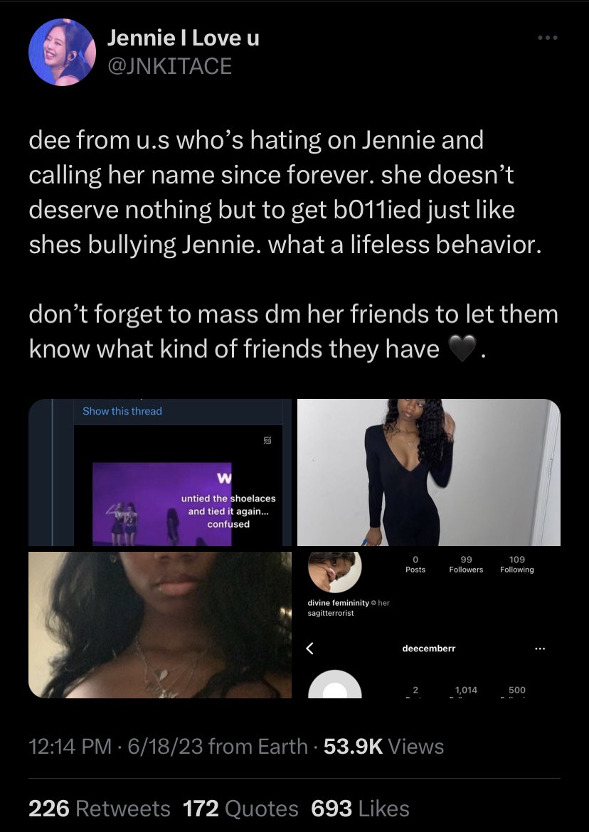 Blinks will doxx a black woman for saying jennie has no energy on stage but will make excuses for that same asian woman wearing cornrows & heavily promoting a rape fantasy. This is deffo antiblack behavior idc