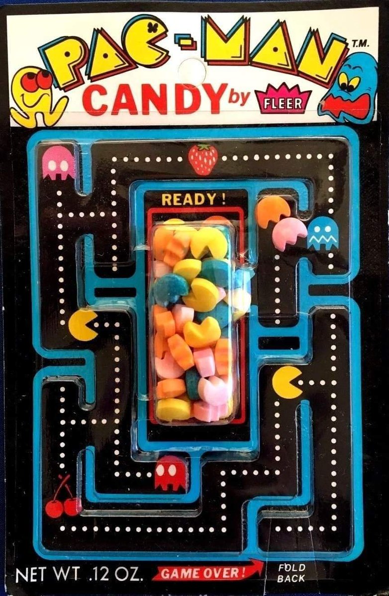 ClockworkUncle's tweet photo. PAC-MAN CANDY (Fleer, 1982) 
The plastic packaging forms a little maze for the pieces to travel through. Fun for kids 😁, frustrating for adults who just want their sugar fix. 😫 
(Please don't eat the 41 year old candy 🤢🤮)
#Pacman #80s #80sarcarde #RETROGAMING #candy #Fleer https://t.co/1qvDhd8Hk3