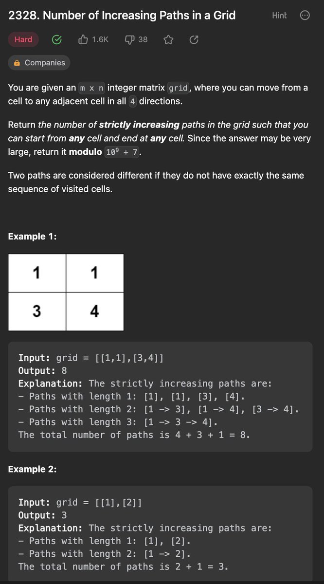Yu08516687's tweet photo. #leetcode #100daysofcoding #LearningBySharing
2328. Number of Increasing Paths in a Grid
Solution: DFS + Memorization
https://t.co/4FFb2l1QFT https://t.co/eCoL3RKZYw
