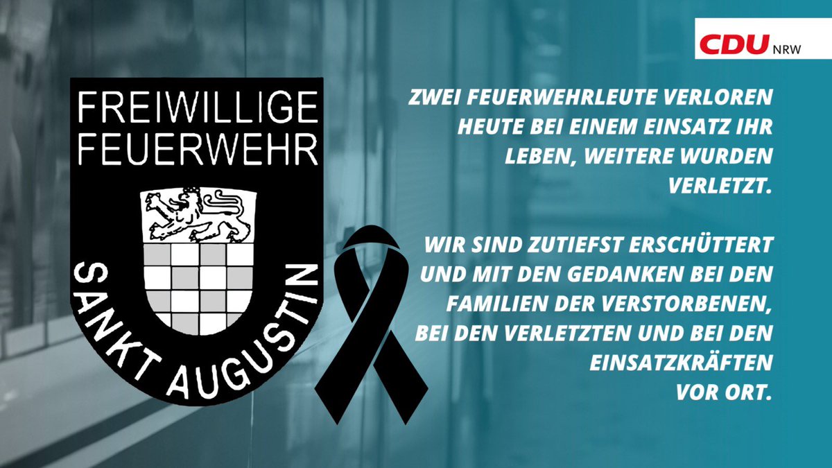 Zwei Feuerwehrleute verloren heute bei einem #Einsatz in Sankt Augustin ihr Leben, weitere wurden verletzt. Wir sind zutiefst erschüttert und mit den Gedanken bei den Familien der Verstorbenen, bei den Verletzten und bei den Einsatzkräften vor Ort. 

#zweivonuns #cdu #feuerwehr
