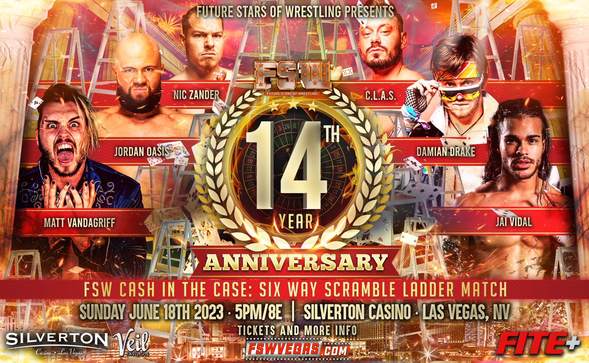 tall_ny's tweet photo. Matt Vandagriff wins the FSW Cash in the Case Six Way Scramble Ladder Match over Jordan Oasis, Nic Zander, C.L.A.S., Damian Drake and Jai Vidal #FSW14 #FSW14TH https://t.co/5NvqqGhCEL