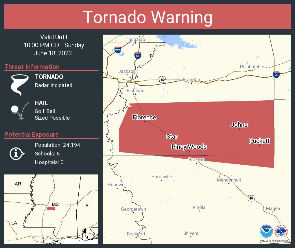 NWS Tornado on Twitter "Tornado Warning including Florence MS, Cleary MS and Puckett MS until