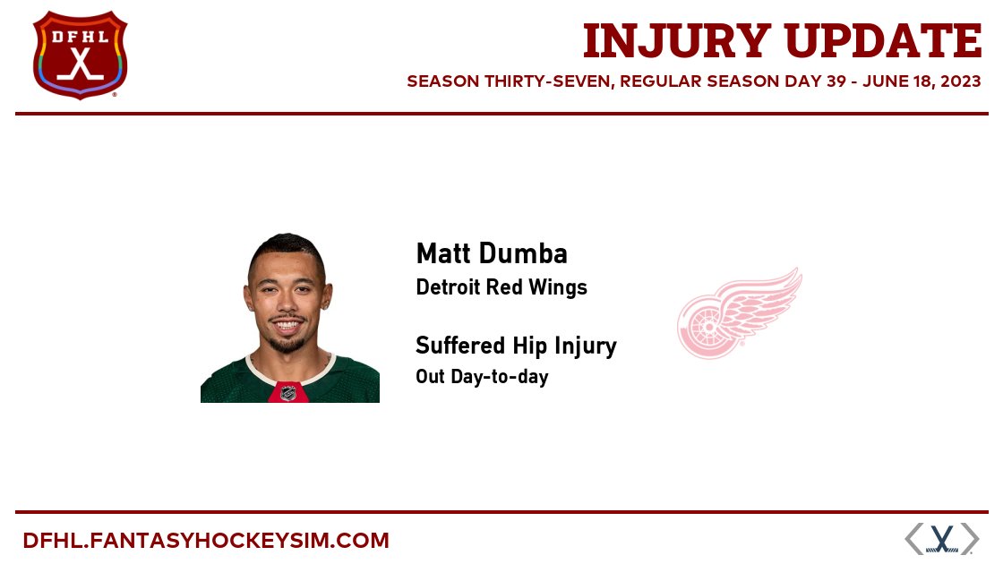 #DFHL Injury Update:

Matt Dumba (DET) suffered hip injury, out day-to-day

dfhl.fantasyhockeysim.com/players/matt-d…

#FantasyHockey #SimHockey #FakeHockey #SimulatedHockey