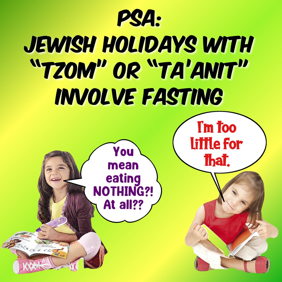 #JewishHolidays101
Jewish holidays with the word “Tzom” or “Ta’Anit” involve fasting. Examples: Tzom Tammuz, Ta’Anit Esther.

#JewishHolidays #Tzom #TaAnit #Fasting