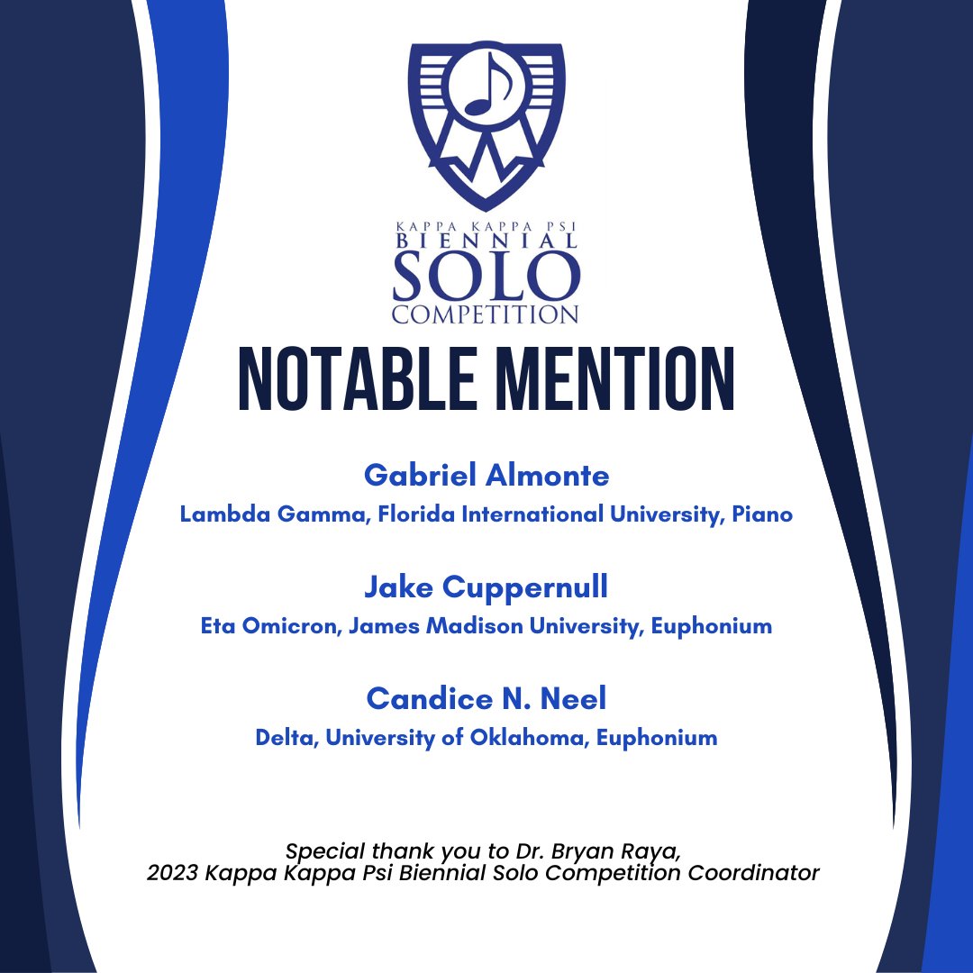 We are excited to announce that the following brothers have been selected to perform as finalists at the 2023 National Convention. We look forward to seeing all of you soon in Orlando, Florida! Congratulations! #KKPsi #NatCon23