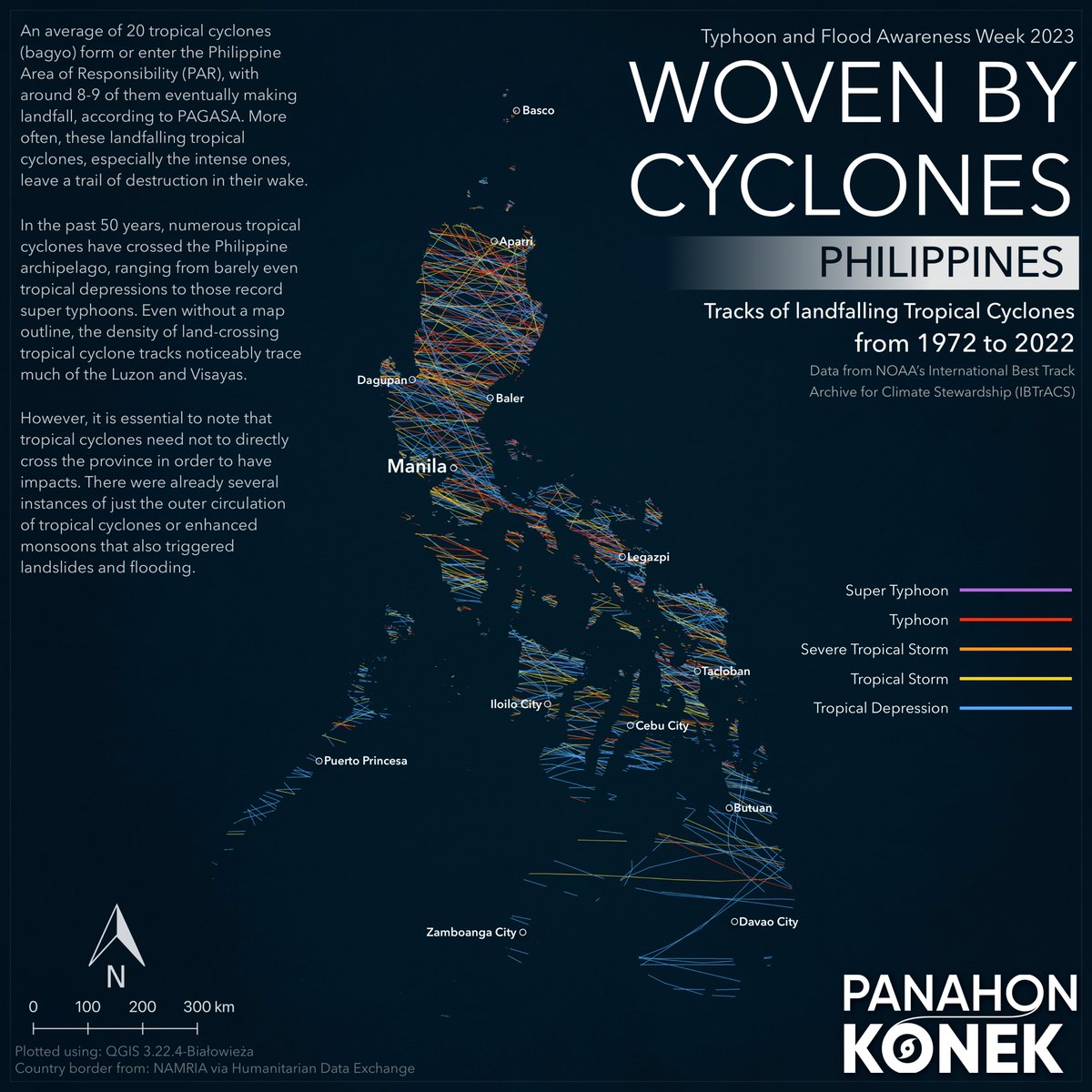 sciencekonek's tweet image. #TFAW2023 WOVEN BY CYCLONES🌀 

The Philippines experiences around 8-9 tropical cyclone (#bagyo) landfalls per year, according to PAGASA. Even without an outline, the land-crossing tropical cyclone tracks noticeably trace much of the Luzon and Visayas.➡️bit.ly/4698WcI