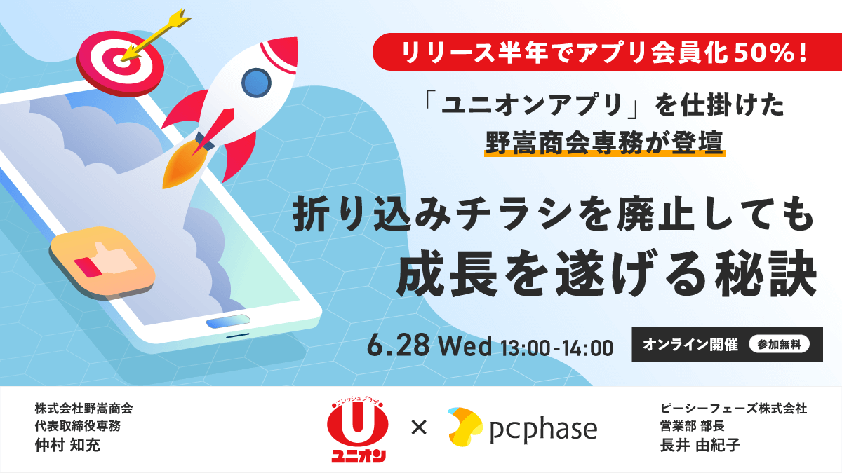 pcphase's tweet photo. 【WEBセミナー情報】
「フレッシュプラザユニオン」の成功事例を紹介🎊

リリース半年でアプリ会員化50％！「ユニオンアプリ」を仕掛けた野嵩商会専務が登壇／折り込みチラシを廃止しても成長を遂げる秘訣
日程：6/28（水）13：00～14：00
#店舗アプリ #チラシ廃止

▼詳細
https://t.co/sF4zMMMS8P https://t.co/MCFr6L8aAL