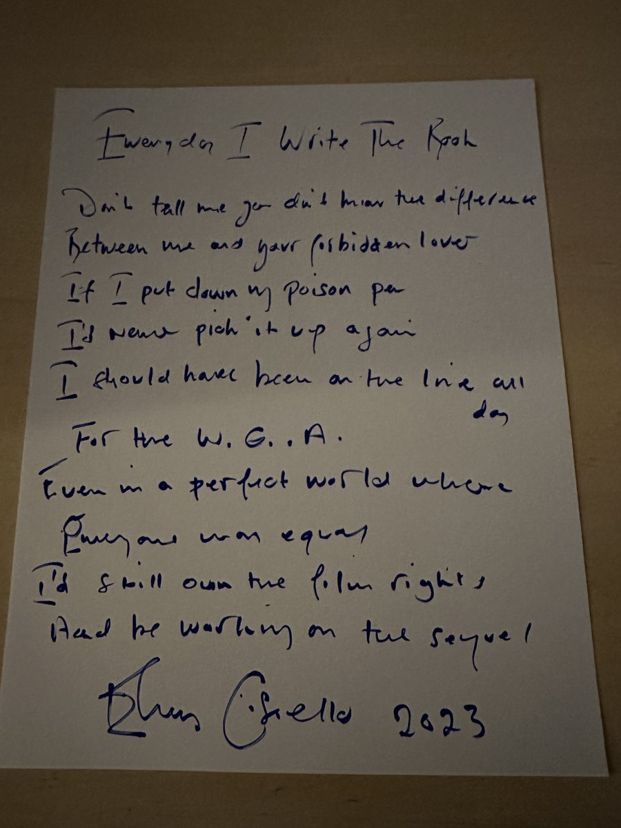 We have a winner! Because when @ElvisCostello donates the hand-written, signed lyrics of a song to get us through our long, hot, labor summer, all you can do is bow down and tell the d.j. to pump it up. #WGAStrong