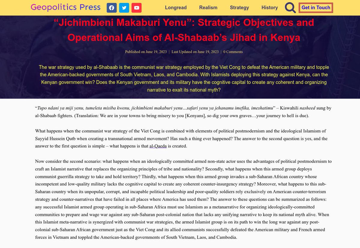 Upcoming article.

An argument made in the article is that the best decision ever made by #AlShabaab is declaring its allegiance to #AlQaeda. This enabled al-Shabaab to adopt #VietCong war strategies that al-Qaeda strategists studied & used as the basis of their long war strategy