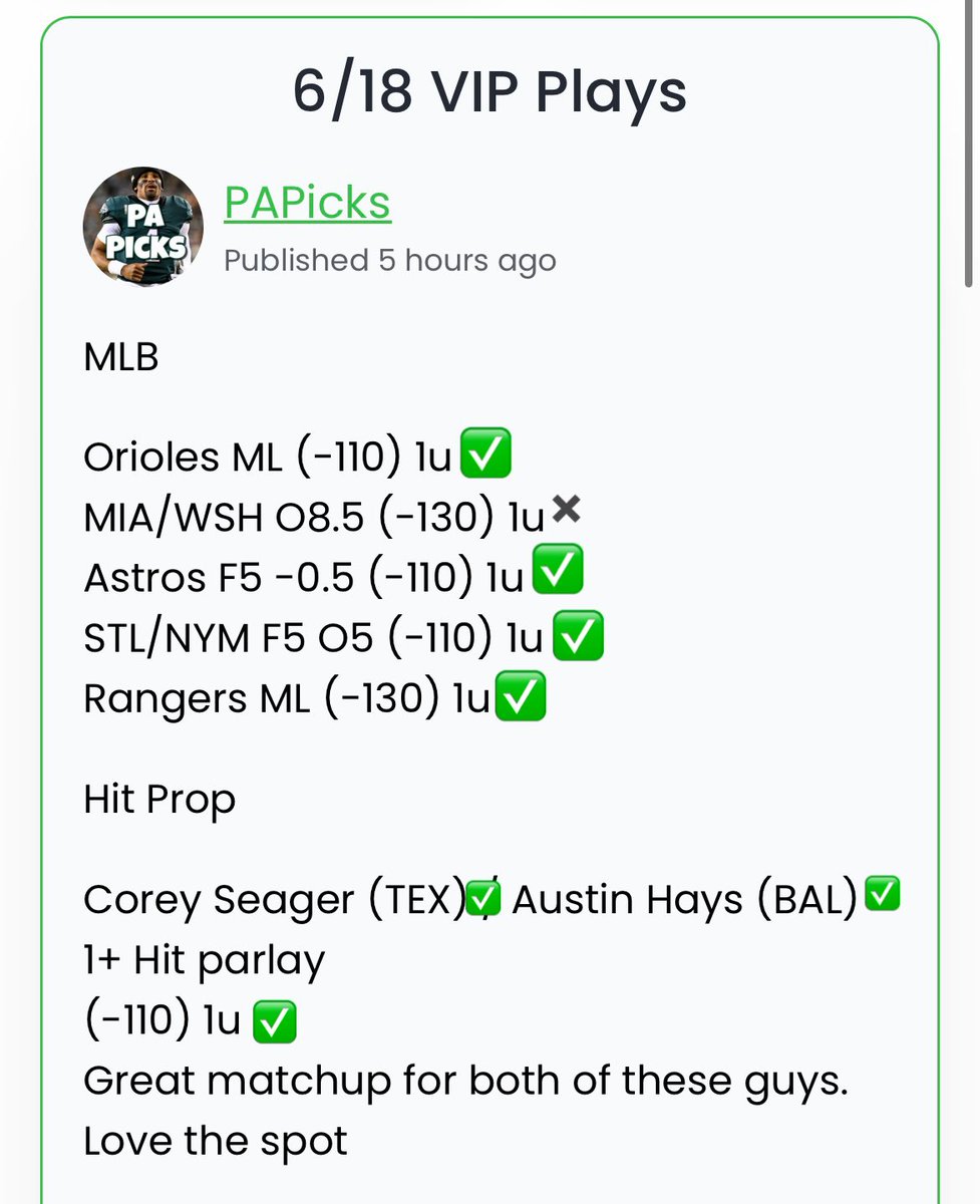 PAPicks16's tweet image. HUGE DAY 💣💣

VIP: 5-1 +3.7U 💰💰💰

+1216 Hit parlay cash ✅✅

$25 giveaway to 1 person who likes &amp;amp; retweets this post🔥

Must be following‼️

Picking winner in the morning🫡
#gamblingtwitter #mlb #parlay #fanduel #giveaway 
bit.ly/PAPicks