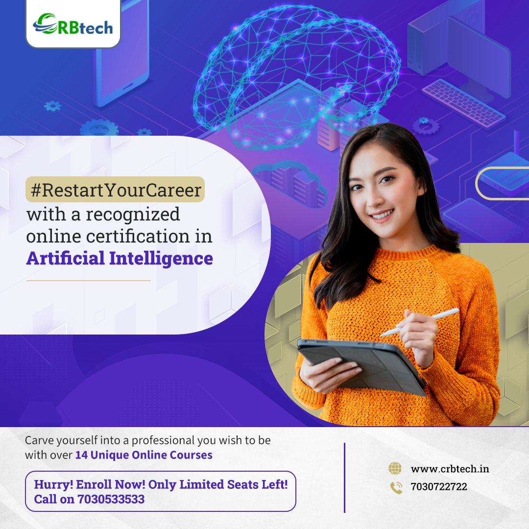 CRB_Tech's tweet image. Master the future of advanced technology with an Artificial Intelligence & Machine Learning Course. Get certified from home today.
For more details call 7030722722 or visit crbtech.in
#BestMachineLearningCourse #ArtificialIntelligenceCourse #ArtificialIntelligence