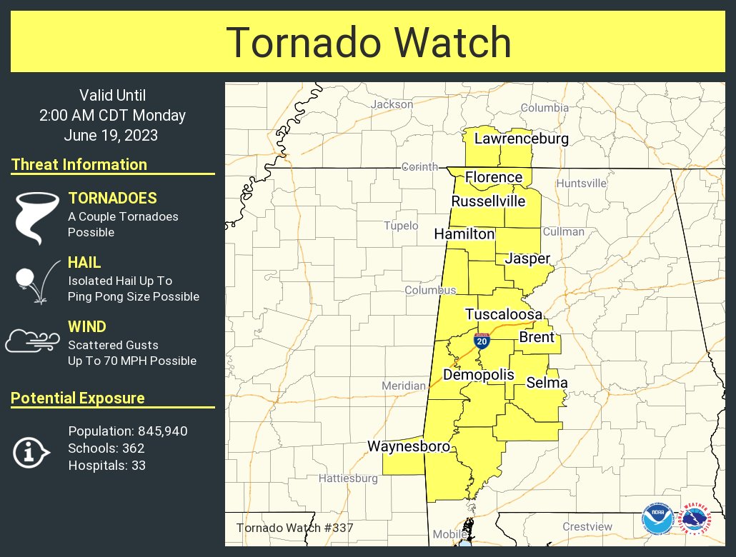 A tornado watch has been issued for parts of Alabama, Mississippi and Tennessee until 2 AM CDT