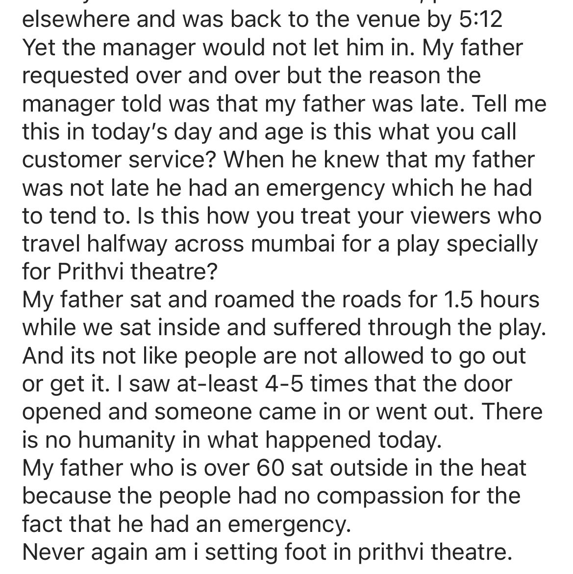 TanyaAgraw50568's tweet photo. @PrithviTheatre 
Is this how you treat your loyal fans ?
You mistreated my father! https://t.co/3levj59bZ6