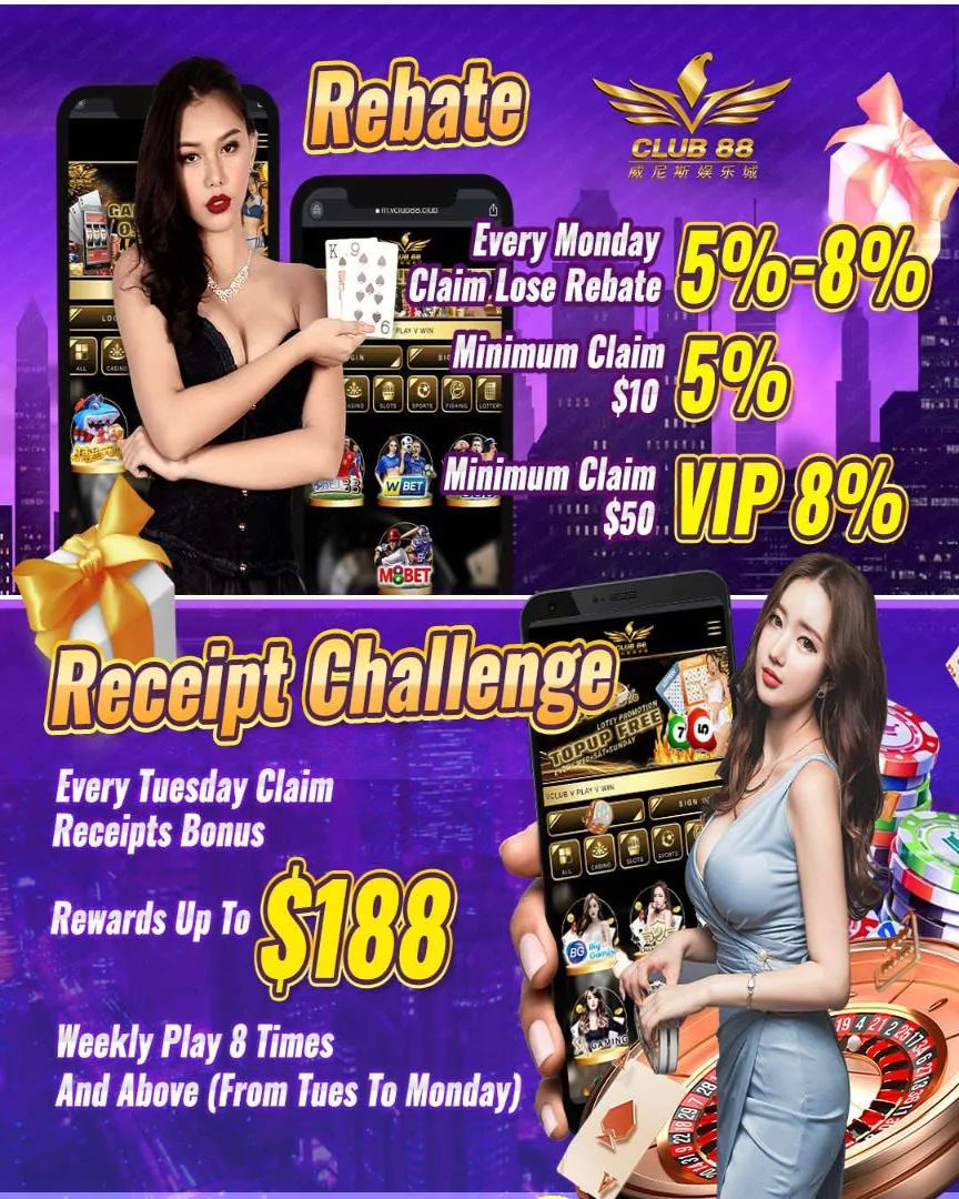 #freecredit #singapore #onlineslotgame #onlinecasino #casinoonline #casinosg #bonus #singaporecasino

Vclub88 is a Singapore-based online casino that offers a variety of promotions and bonuses, including Monday's Lose Rebate and Tuesday's Receipt Bonus. Lose Rebate offers rebates