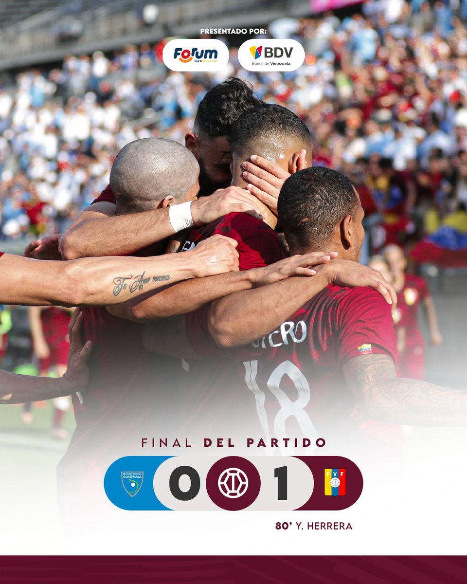 SeleVinotinto's tweet photo. ⏱️ 90' - Final del partido. ¡Ganó Venezuela! 😁💪🏻

Guatemala 0-1 Venezuela
⚽ Yangel Herrera (80')

#SiempreVinotinto 🇻🇪 https://t.co/EB9s7TsIAe