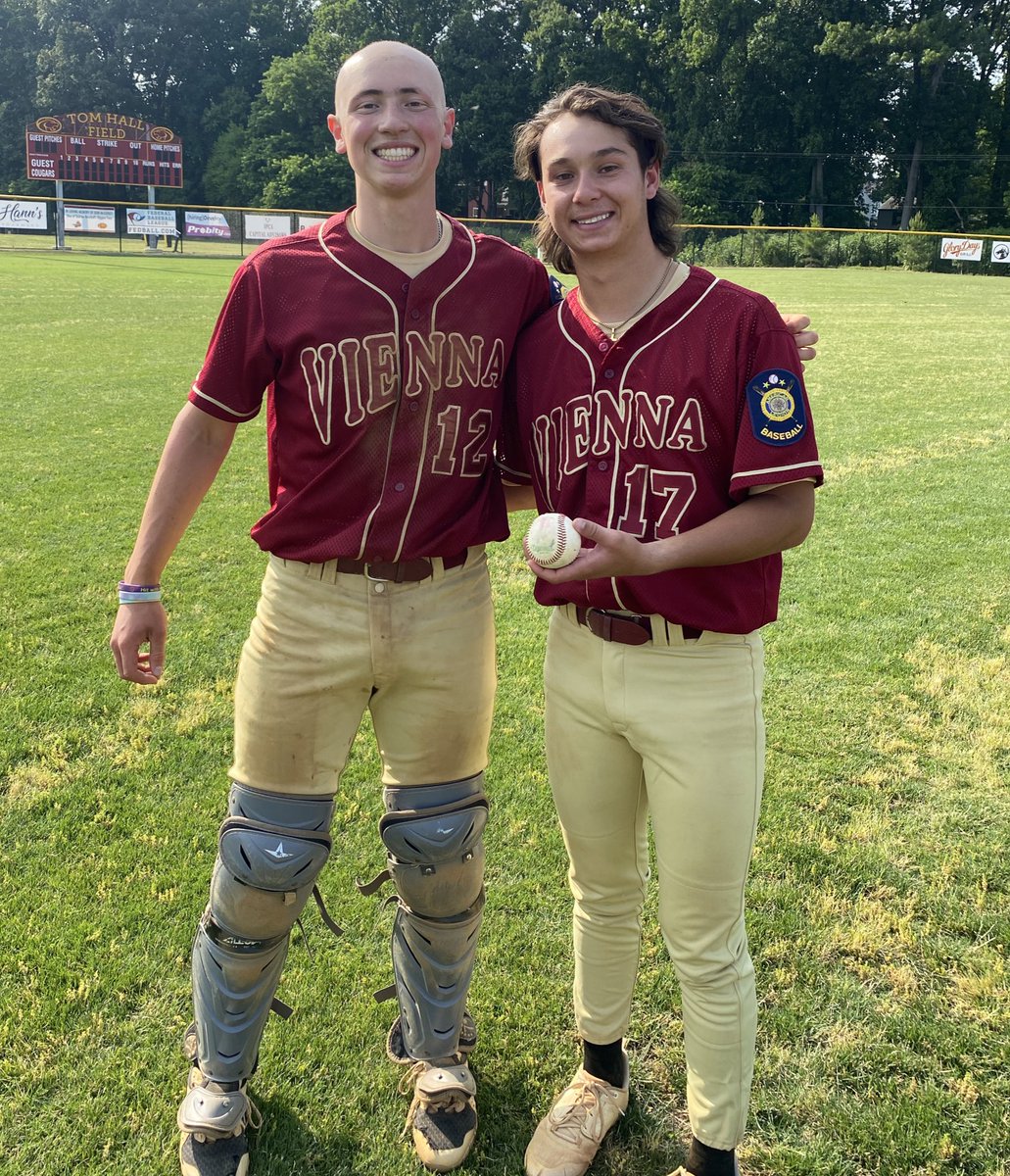 NO HITTER ALERT. Connor Moore twirls a no hitter in his first Post 180 game; 8 innings, 12Ks, 1 BB. Moore, on the right, and Lynchburg U commit, is with his battery mate Robbie Lavey a George Washington U commit. Vienna wins today 10-0 vs Alexandria Post 24.