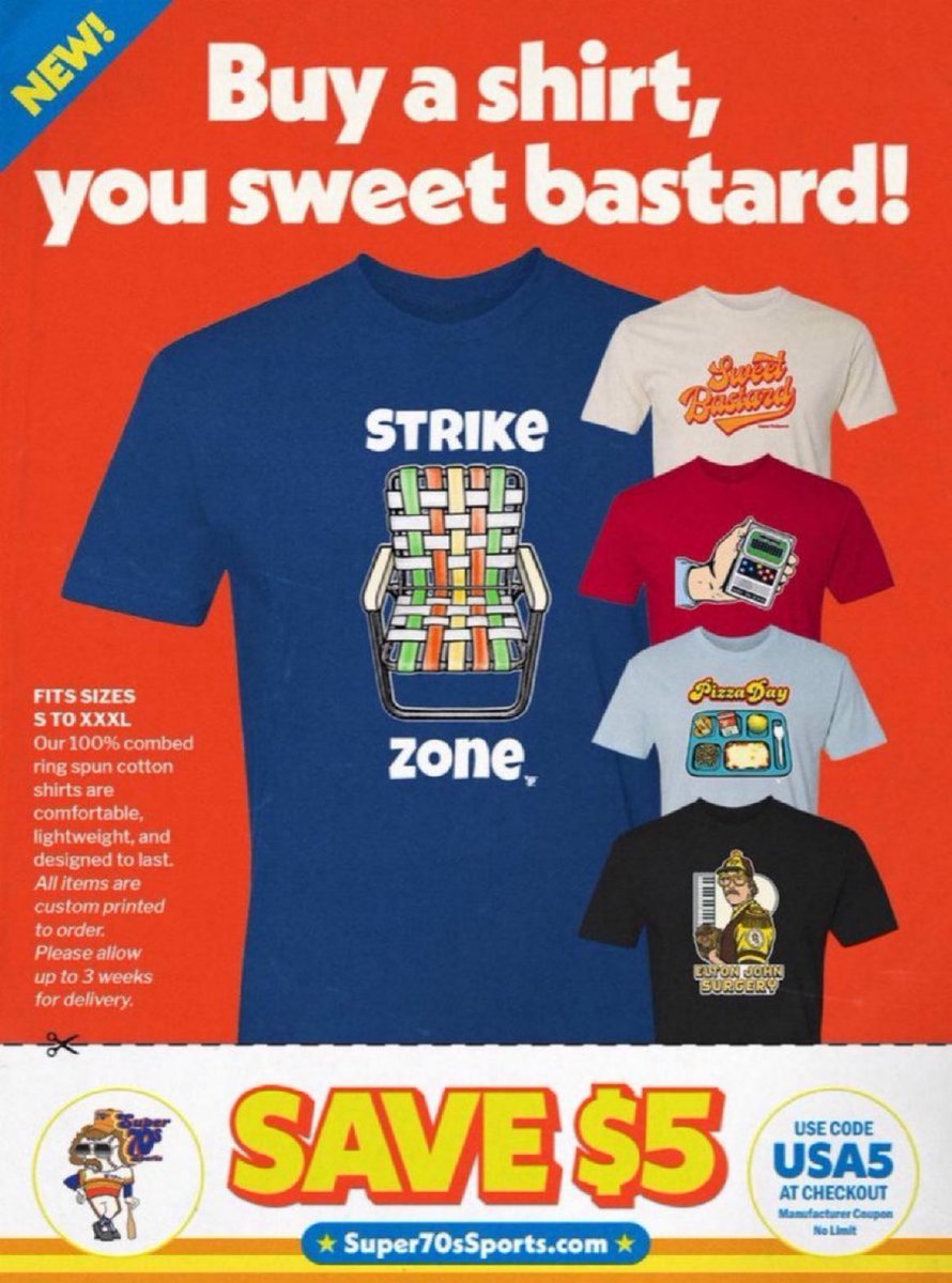 Super70sSports's tweet photo. Get $5 OFF every shirt in the S7S Store today with my code USA5! 🇺🇸

👉 https://t.co/2MP13xmYZQ https://t.co/gKhGA85Gp3
