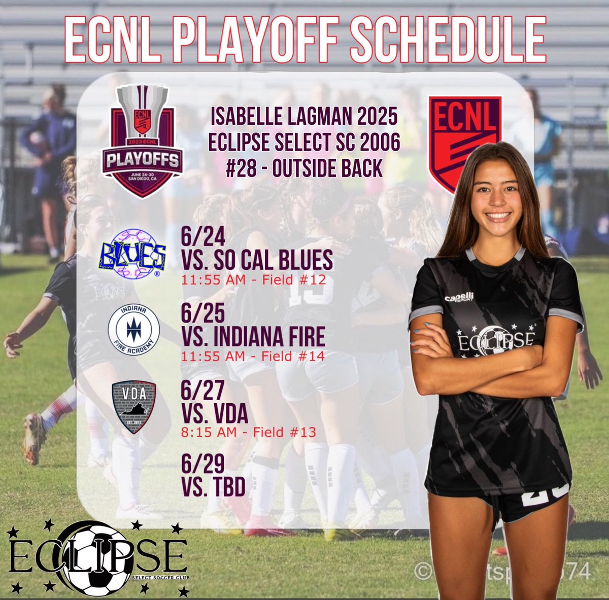 isabelle lagman (@isabellelagman_) on Twitter photo Check out my schedule for <a href="/ECNLgirls/">ECNL Girls</a> Playoffs next week in San Diego! Excited to get back on the field with <a href="/EclipseECNL06/">Eclipse Select SC ECNL 05/06</a> and compete against some great competition! <a href="/PrepSoccer/">Prep Soccer ⚽️</a> <a href="/girlssoccernet/">Girls Soccer Network</a> <a href="/TheSoccerWire/">SoccerWire</a> <a href="/TopDrawerSoccer/">TopDrawerSoccer</a> Check out my schedule for <a href="/ECNLgirls/">ECNL Girls</a> Playoffs next week in San Diego! Excited to get back on the field with <a href="/EclipseECNL06/">Eclipse Select SC ECNL 05/06</a> and compete against some great competition! <a href="/PrepSoccer/">Prep Soccer ⚽️</a> <a href="/girlssoccernet/">Girls Soccer Network</a> <a href="/TheSoccerWire/">SoccerWire</a> <a href="/TopDrawerSoccer/">TopDrawerSoccer</a>