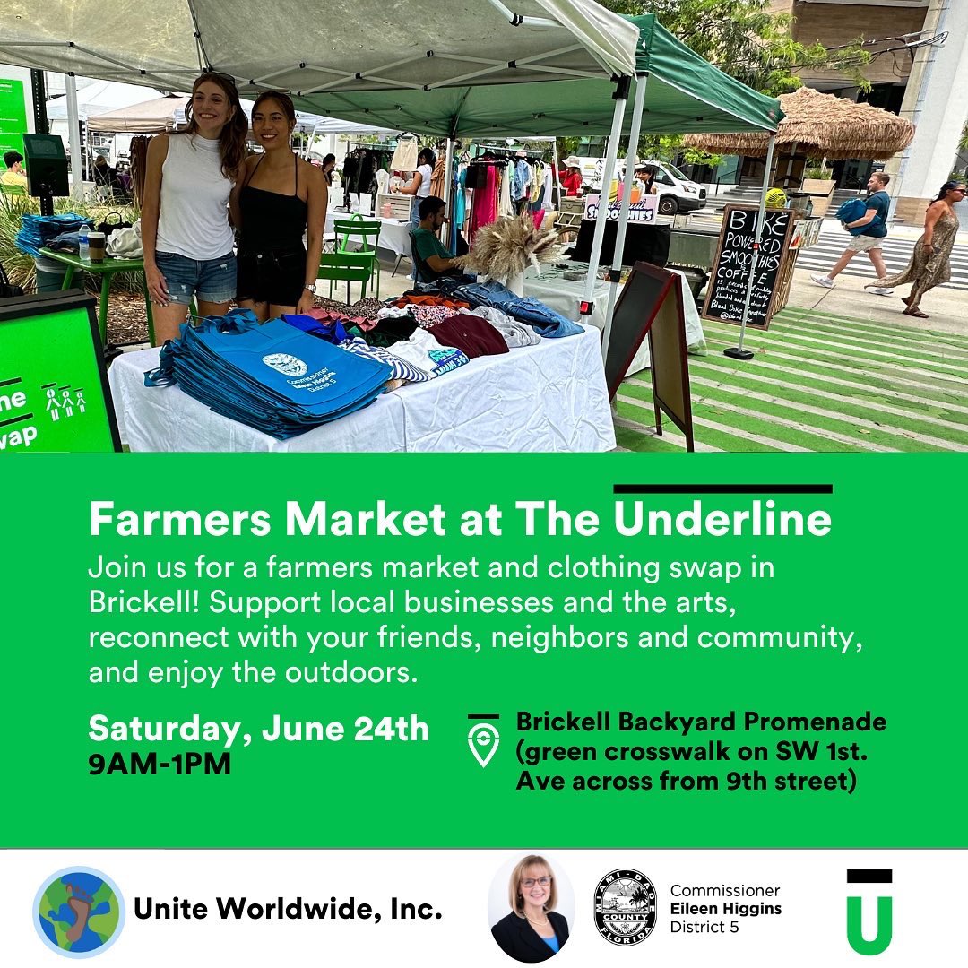 Join us for another #FarmersMarket and #ClothingSwap on The Underline! 🍎 Make your way over to #TheUnderline's Brickell Backyard on June 24 at 9AM for a market featuring #local businesses and an exciting clothing swap. (1/3)