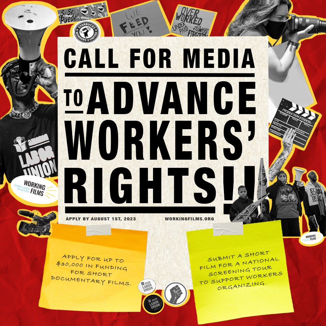 BlackWkrCenter's tweet photo. 📣 🎥 Call for Media to Advance Workers' Rights!
@WorkingFilms and their partners are looking for documentary films that uplift workers organizing their workplace, even when the odds are stacked against them.
DEADLINE
Tuesday, August 1, 2023
💻Learn more: https://t.co/Wx9IRDGxIH https://t.co/WDX7aOtImq