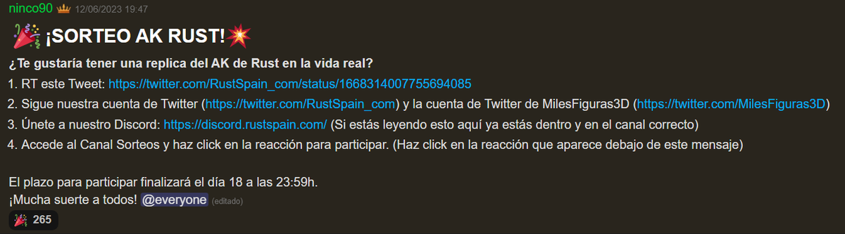 <a href="/MilesFiguras3D/">MilesdetusFiguras3D</a> ¡Ya tenemos ganador del sorteo!

Una vez terminado el plazo de participación. Entre 264 participantes el ganador del sorteo es: chicano

¡Enhorabuena! Por favor, ábrenos ticket y envíanos tu cuenta de twitter para comprobar que cumples con todos los requisitos de participación.