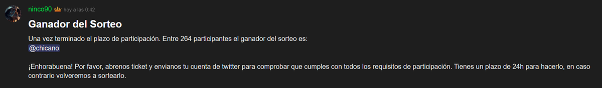RustSpain_com's tweet photo. ¡Ya tenemos ganador del sorteo!

Una vez terminado el plazo de participación. Entre 264 participantes el ganador del sorteo es: chicano

¡Enhorabuena! Por favor, ábrenos ticket y envíanos tu cuenta de twitter para comprobar que cumples con todos los requisitos de participación. 

Tienes un plazo de 24h para hacerlo, en caso contrario volveremos a sortearlo.