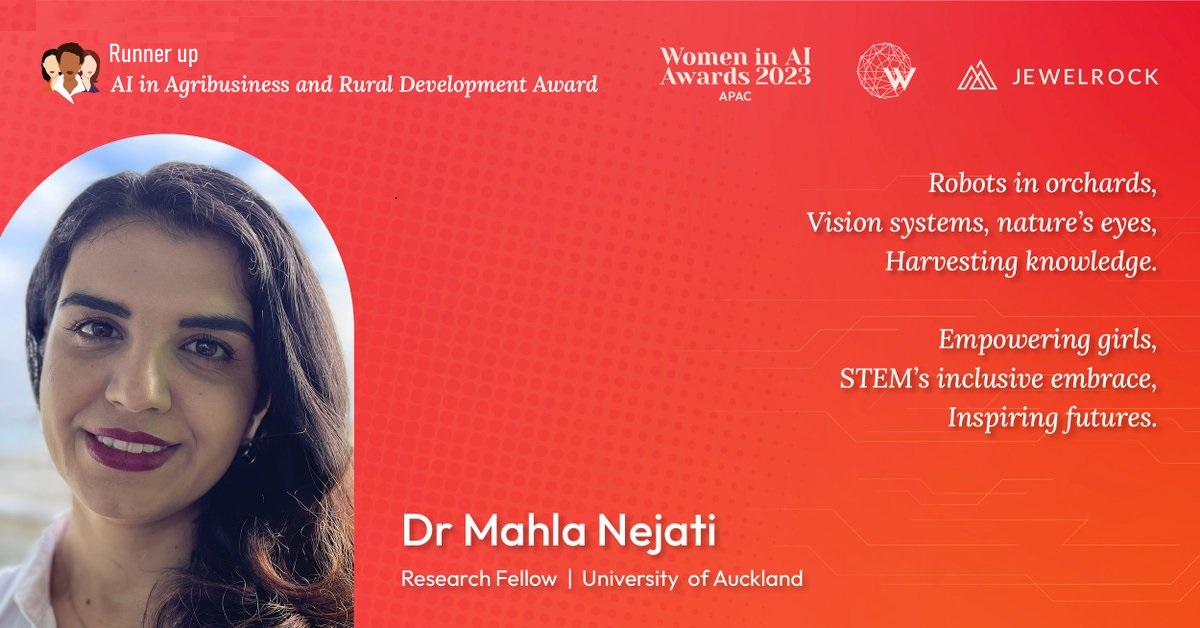 AI Researchers Association (@airesearchersnz) on Twitter photo Congratulations to Association member Mahla Nejati from <a href="/AucklandUni/">University of Auckland | Waipapa Taumata Rau</a> on being awarded the #AI in Agribusiness and Rural Development Award Runner Up at the 2023 Women in AI Asia Pacific (APAC) Awards on Friday night. Congratulations to Association member Mahla Nejati from <a href="/AucklandUni/">University of Auckland | Waipapa Taumata Rau</a> on being awarded the #AI in Agribusiness and Rural Development Award Runner Up at the 2023 Women in AI Asia Pacific (APAC) Awards on Friday night.