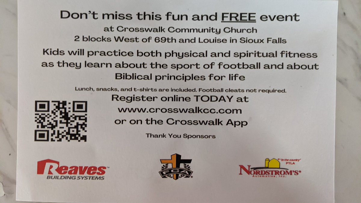 Come on out and join us on July 1st at Crosswalk Community Church. Faith and Football, where kids learn about Christ while learning the game of football!  It's free for kids K-8 grade and all you have to do is sign up at crosswalkcc.com!