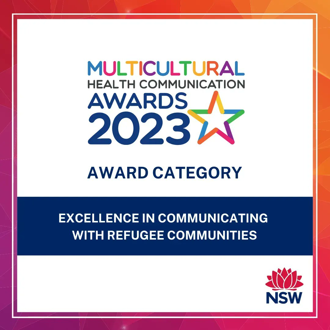 🏆 Calling NSW Health workers! Apply for the Excellence in Communicating with Refugee Communities Category at the #MulticulturalHealthAwards 

Submit your entries by 5pm, June 30: mhcs.health.nsw.gov.au/about-us/award… 

#RefugeeHealth #RefugeeWeek