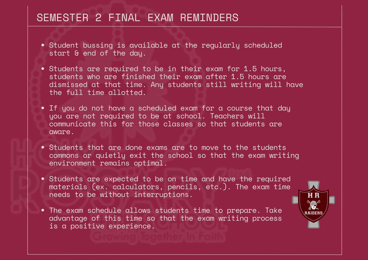June is flying by and we are almost at the end of the regular school year!

Good luck to everyone as we begin Final Exams on Wednesday. Scroll over to see the exam schedule and reminders. Have a wonderful week Raiders!

#thisisLCSD #finalexams #HRHS #raidersrule #yll