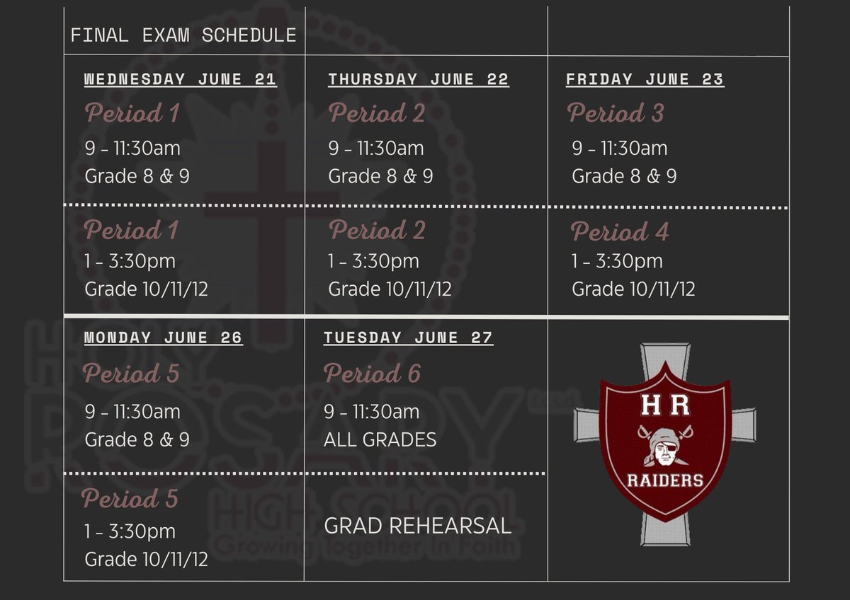 HolyRosaryHS's tweet photo. June is flying by and we are almost at the end of the regular school year!

Good luck to everyone as we begin Final Exams on Wednesday. Scroll over to see the exam schedule and reminders. Have a wonderful week Raiders!

#thisisLCSD #finalexams #HRHS #raidersrule #yll https://t.co/mq0DIV0ynD
